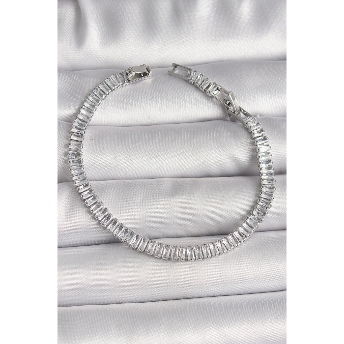 Pirinç Gümüş Renk Zirkon Taşlı Su Yolu Model Kadın Bileklik - TJ-BB6725