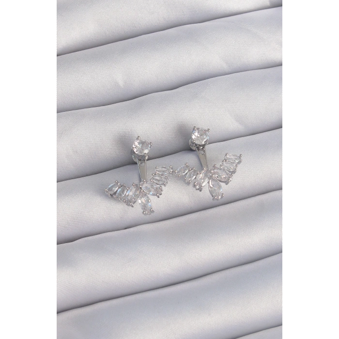 Pirinç Gümüş Renk Zirkon Taşlı V Model Küpe - TJ-BKP9290