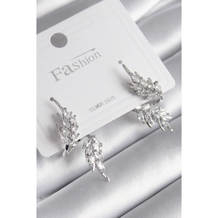 Pirinç Gümüş Renk Zirkon Taşlı Yaprak Model Kadın Küpe - TJ-BKP8608