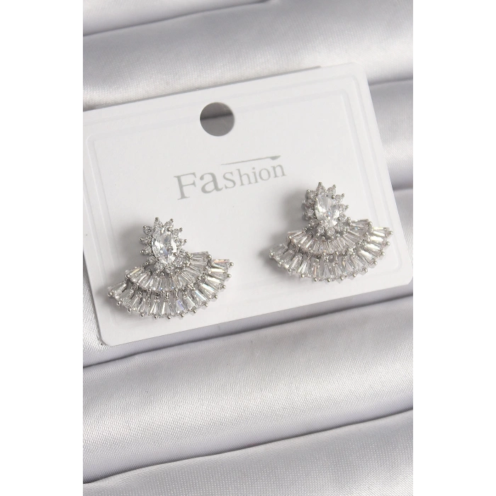 Pirinç Gümüş Renk Zirkon Taşlı Yelpaze Model Kadın Küpe - TJ-BKP9916