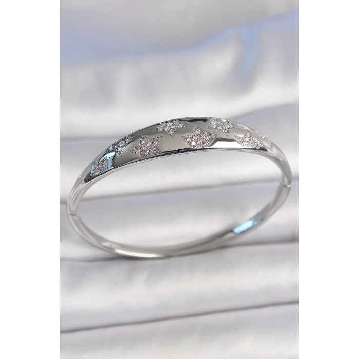 Pirinç Gümüş Renk Zirkon Taşlı Yıldız İşlemeli Kadın Kelepçe - TJ-BB6919