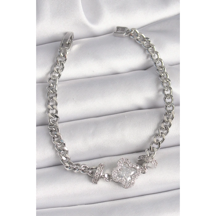 Pirinç Gümüş Renk Zirkon Taşlı Yonca Figür Zincir Model Kadın Bileklik - TJ-BB6819