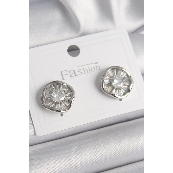 Pirinç Gümüş Renk Zirkon Taşlı Yonca Model Kadın Küpe - TJ-BKP9851