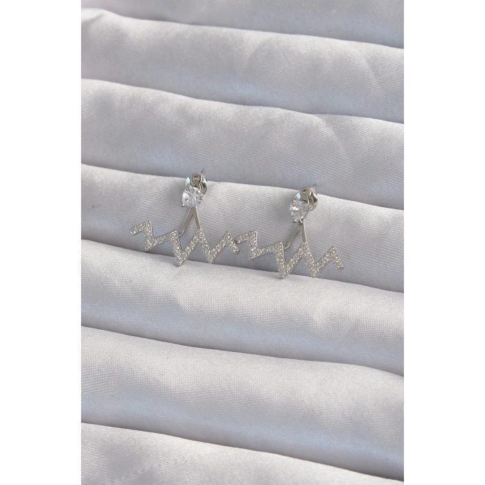 Pirinç Gümüş Renk Zirkon Taşlı Zikzak Küpe - TJ-BKP9302