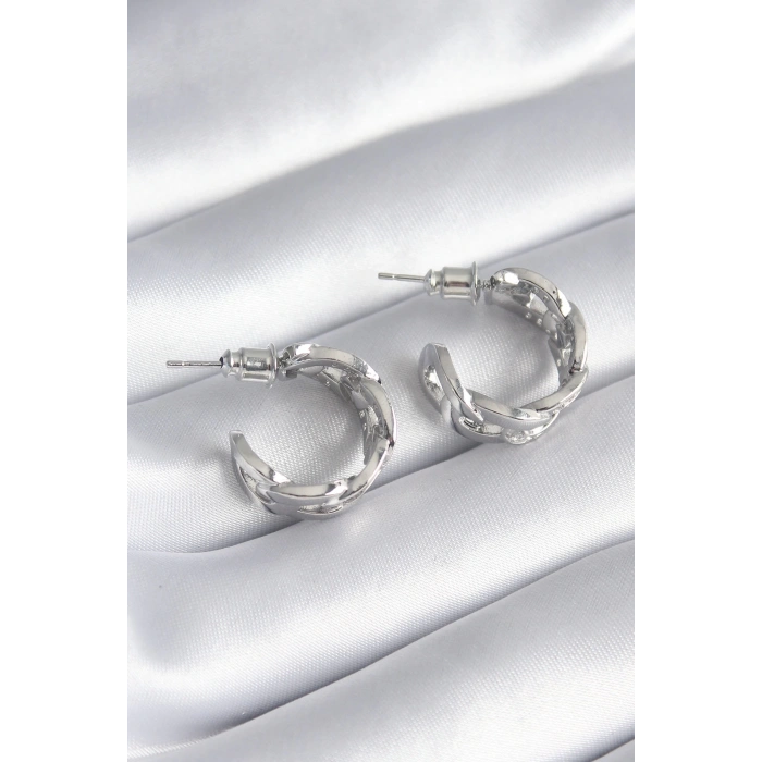 Pirinç Gümüş Renk Zirkon Taşlı Zincir Model Kadın Küpe - TJ-BKP8451