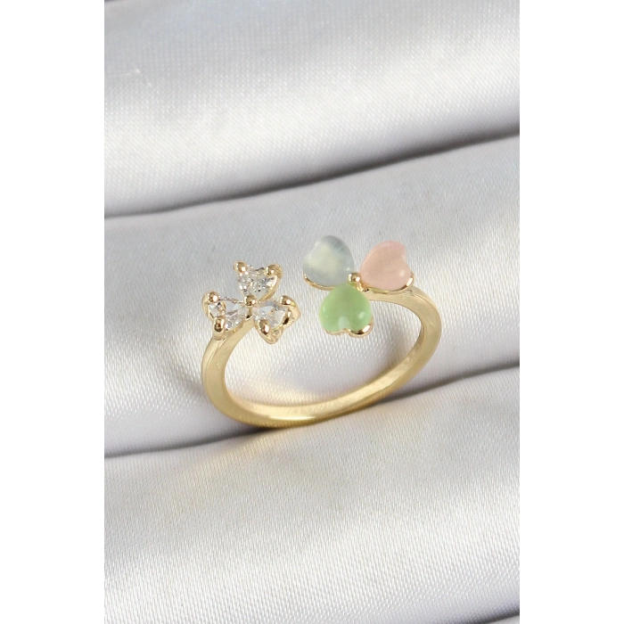 Pirinç Kalp Figürlü Zirkon Taşlı Gold Renk Ayarlanabilir Kadın Yüzük - TJ-BYK3762