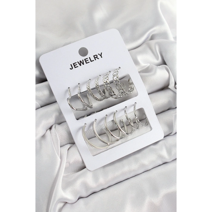 Pirinç Karışık Halka Model Gümüş Renk 6 Çift Kadın Küpe Set - TJ-BKP10876