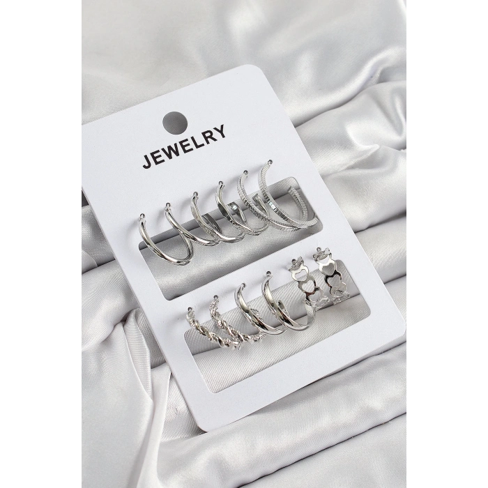 Pirinç Karışık Halka Model Gümüş Renk 6 Çift Kadın Küpe Set - TJ-BKP10877