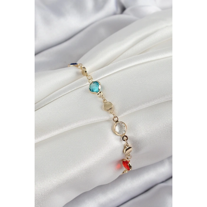 Pirinç Karışık Renk Zirkon Taşlı Gold Renk Kadın Bileklik - TJ-BB7051