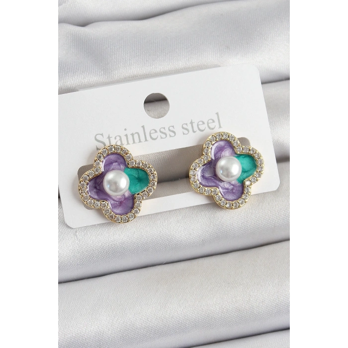 Pirinç Mor Mineli İnci Detaylı Zirkon Taşlı Sanatsal Portre Yonca Model Gold Renk Kadın Küpe - TJ-BKP10680