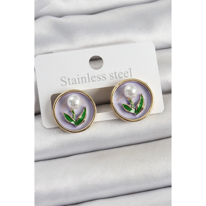 Pirinç Mor Mineli Lale Figürlü Sanatsal Portre Model Gold Renk Kadın Küpe - TJ-BKP10676