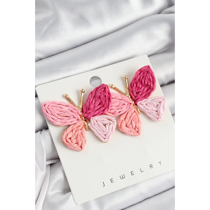 Pirinç Pembe Kelebek Model Gold Renk Kadın Hasır Küpe - TJ-BKP10893