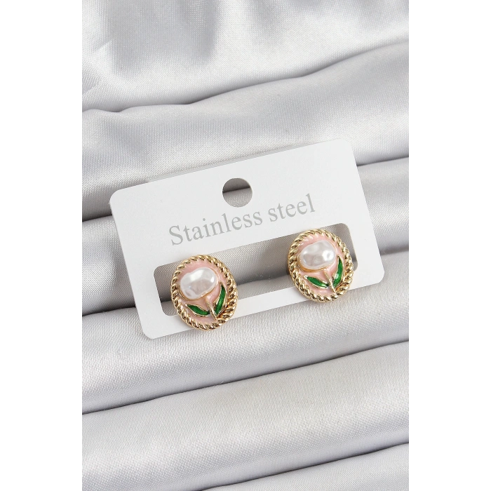 Pirinç Pembe Mineli Lale Figürlü Sanatsal Portre Model Gold Renk Kadın Küpe - TJ-BKP10672