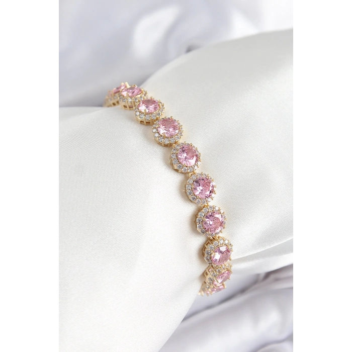 Pirinç Pembe Zirkon Taşlı Daire Baget Model Gold Renk VIP Seri Kadın Bileklik - TJ-BB7512