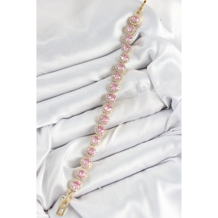 Pirinç Pembe Zirkon Taşlı Daire Baget Model Gold Renk VIP Seri Kadın Bileklik - TJ-BB7512