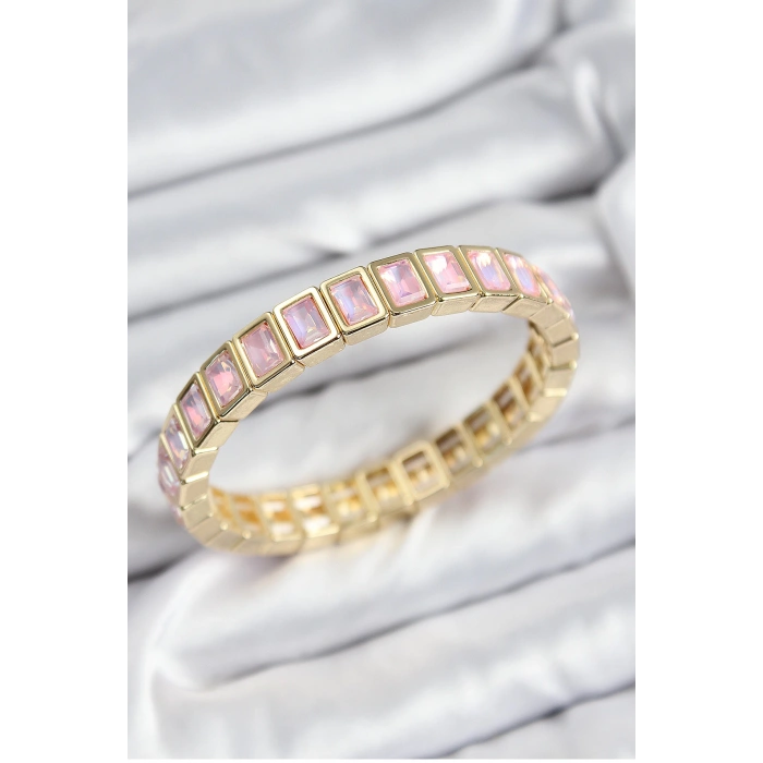 Pirinç Pembe Zirkon Taşlı Dikdörtgen Model Gold Renk Lastikli Kadın Bileklik - TJ-BB7491