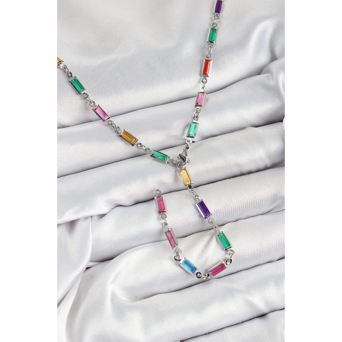 Pirinç Renkli Zirkon Taşlı Dikdörtgen Model Gümüş Renk Kadın Y Kolye - TJ-BKO10385