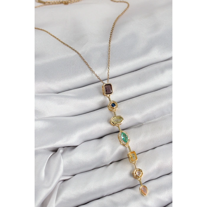 Pirinç Renkli Zirkon Taşlı Model Gold Renk Kadın Y Kolye - TJ-BKO10439