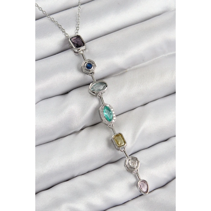 Pirinç Renkli Zirkon Taşlı Model Gümüş Renk Kadın Y Kolye - TJ-BKO10440