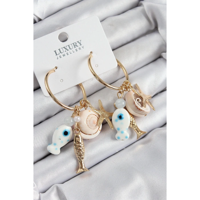 Pirinç Sallantılı Seramik Balık Ve Deniz Kabuğu Model Gold Renk Kadın Küpe - TJ-BKP11081