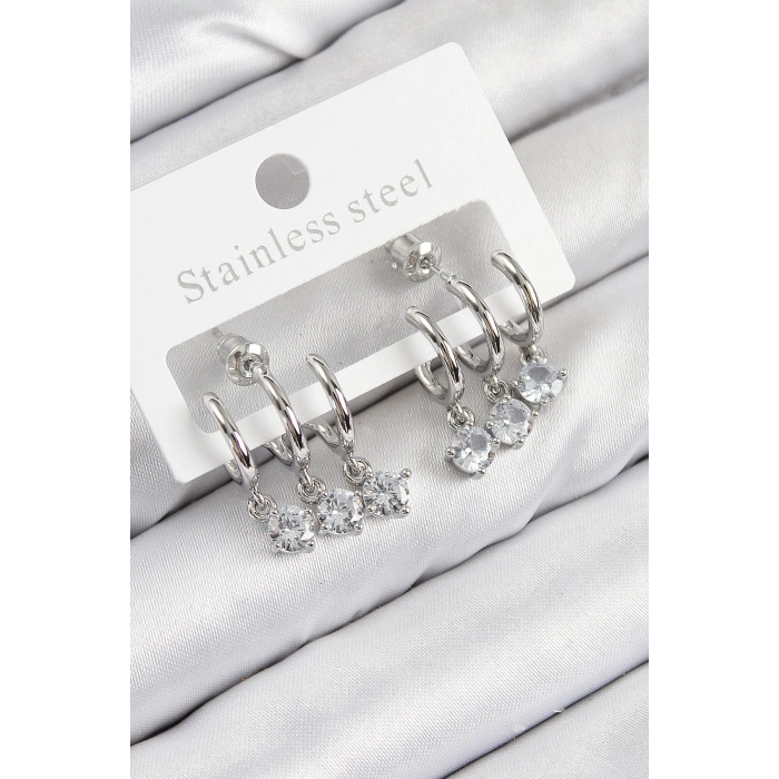 Pirinç Sallantılı Zirkon Taşlı Model Gümüş Renk Kadın Küpe - TJ-BKP11098