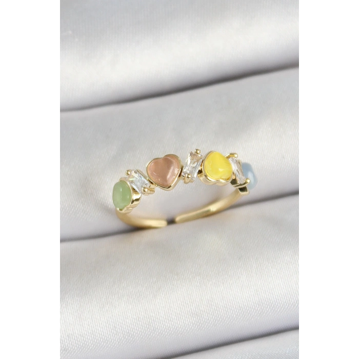 Pirinç Sıralı Kalp Figürlü Zirkon Taşlı Gold Renk Ayarlanabilir Kadın Yüzük - TJ-BYK3754