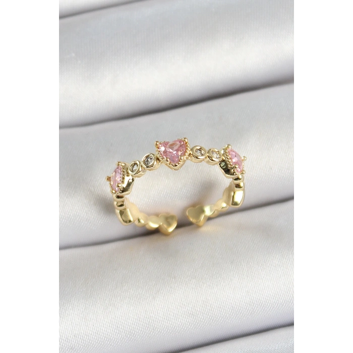Pirinç Sıralı Kalp Figürlü Zirkon Taşlı Gold Renk Ayarlanabilir Kadın Yüzük - TJ-BYK3756