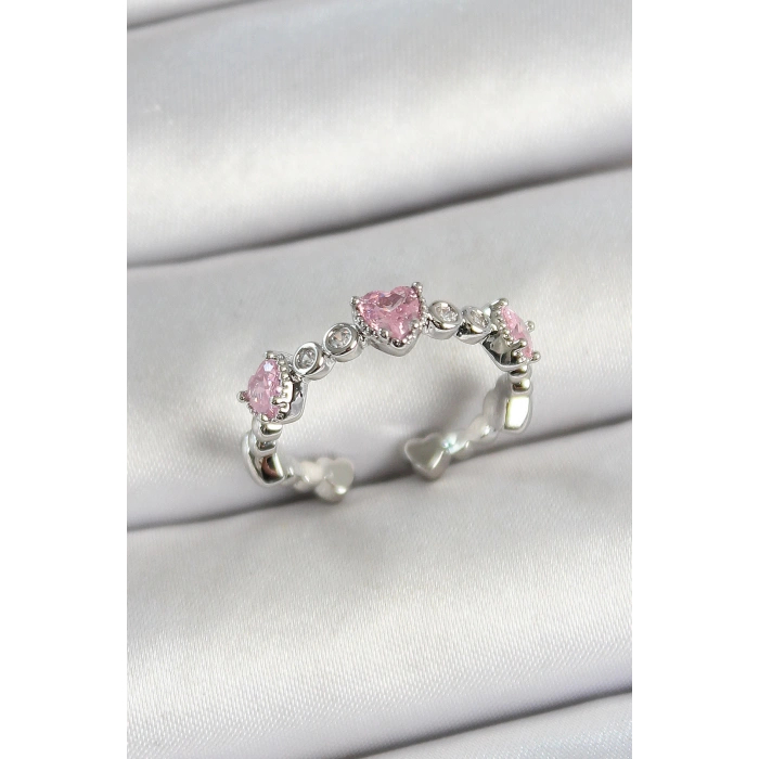 Pirinç Sıralı Kalp Figürlü Zirkon Taşlı Gümüş Renk Ayarlanabilir Kadın Yüzük - TJ-BYK3757