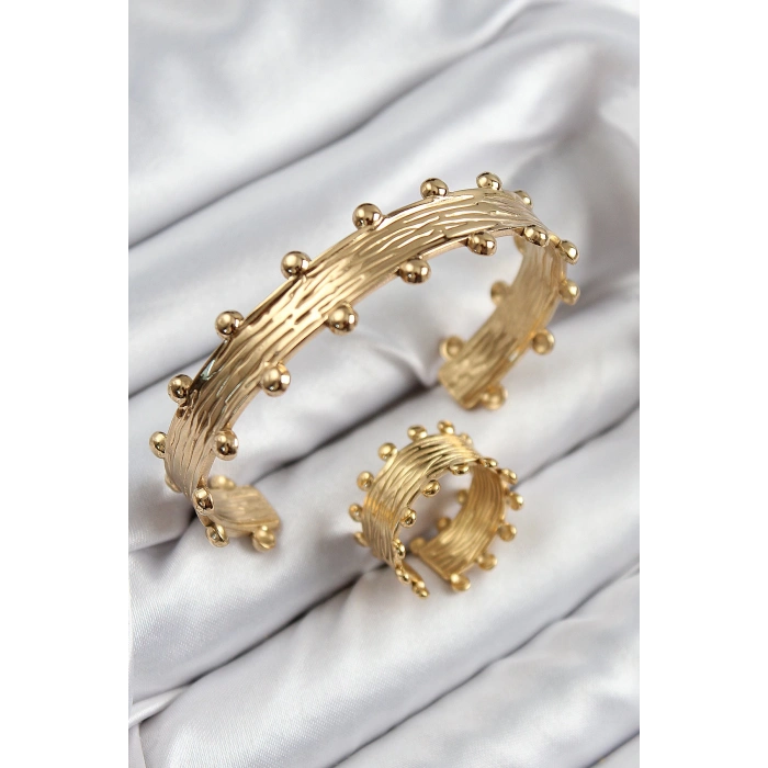 Pirinç Topcuk Model Gold Renk Bileklik Yüzük Set - TJ-BB7602