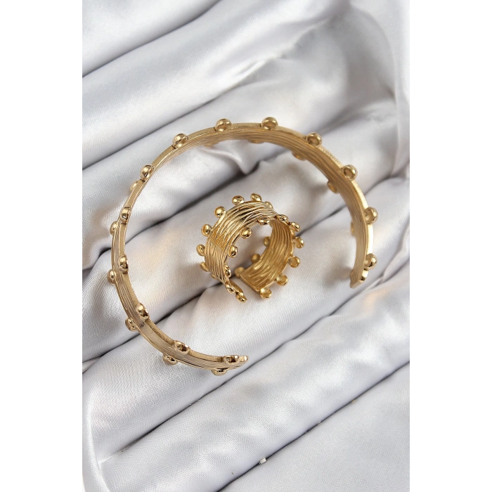 Pirinç Topcuk Model Gold Renk Bileklik Yüzük Set - TJ-BB7602