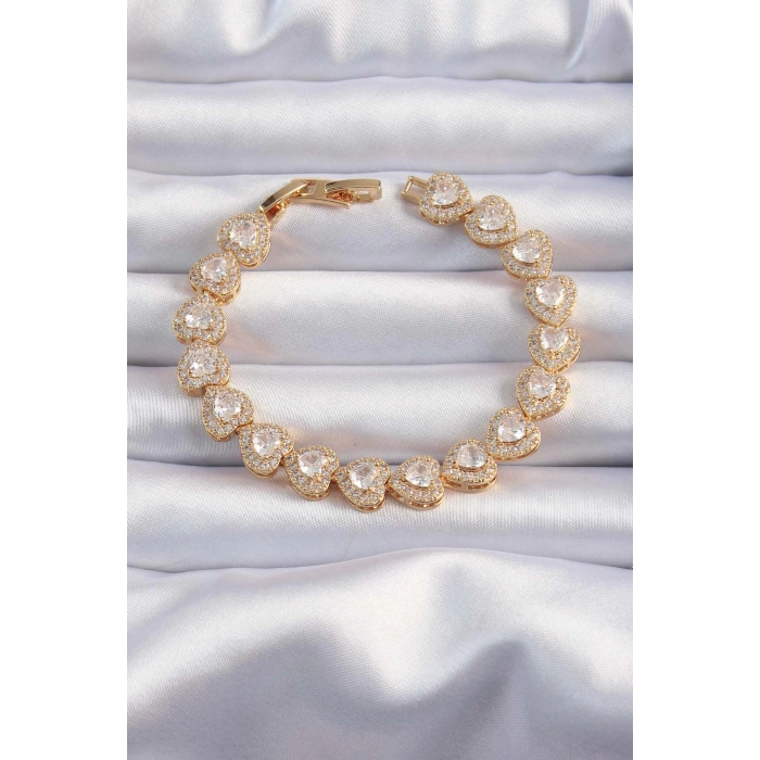 Pirinç Vip Seri Gold Renk Zirkon Taşlı Kalp Model Bileklik - TJ-BB6316
