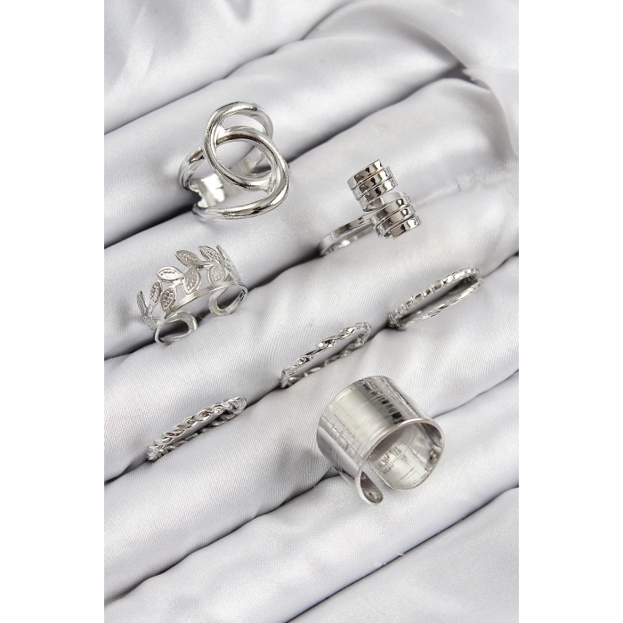 Pirinç Yaprak Model Gümüş Renk Kadın Yüzük Kombin Set - TJ-BYK3818