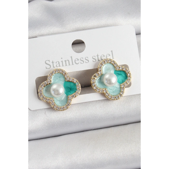 Pirinç Yeşil Mineli İnci Detaylı Zirkon Taşlı Sanatsal Portre Yonca Model Gold Renk Kadın Küpe - TJ-BKP10681