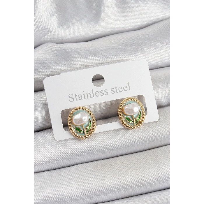 Pirinç Yeşil Mineli Lale Figürlü Sanatsal Portre Model Gold Renk Kadın Küpe - TJ-BKP10673