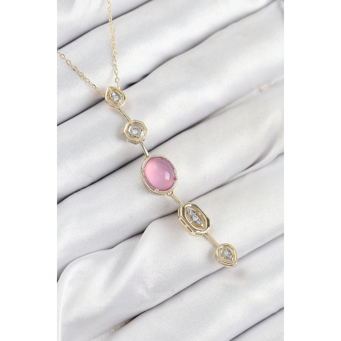 Pirinç Zincir Pembe Gold Renk Zirkon Taşlı Y Kolye - TJ-BKO10554