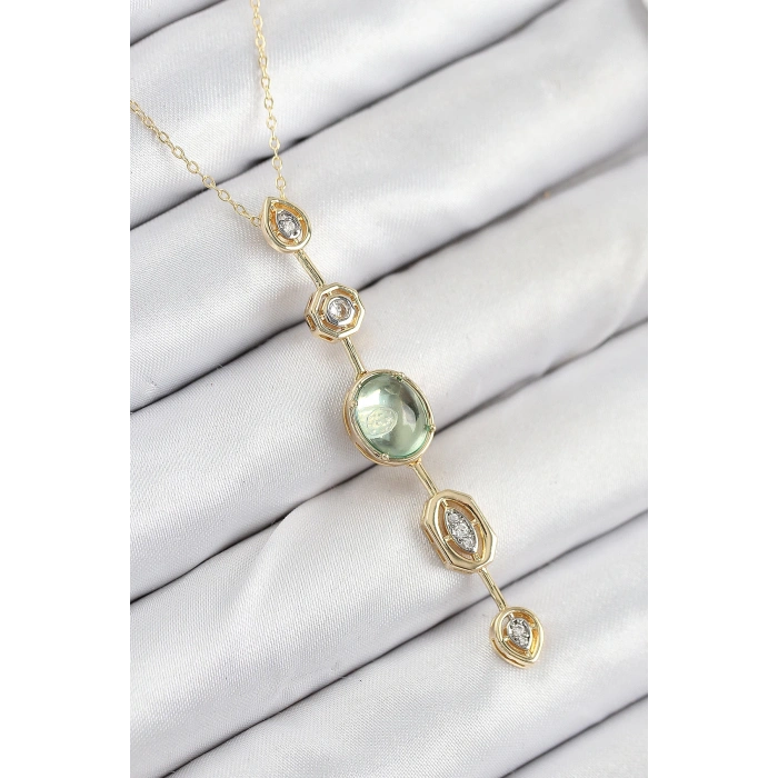 Pirinç Zincir Yeşil Gold Renk Zirkon Taşlı Y Kolye - TJ-BKO10557