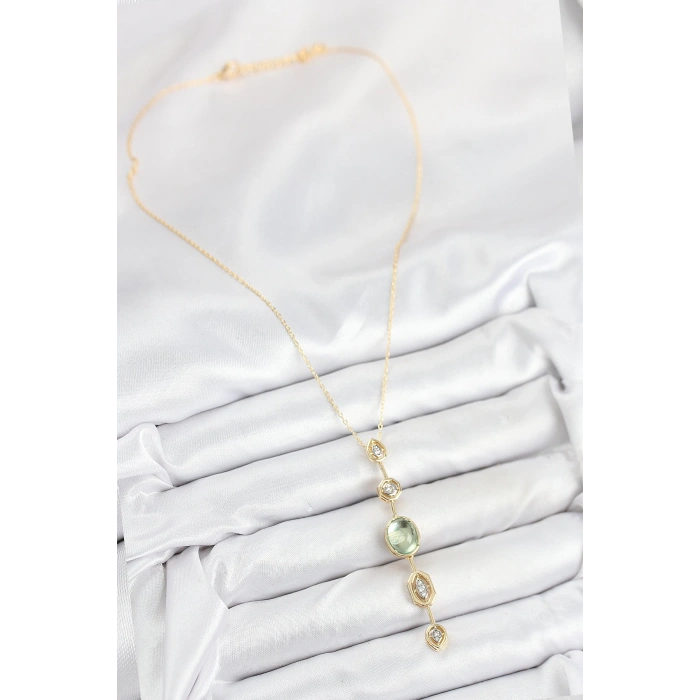 Pirinç Zincir Yeşil Gold Renk Zirkon Taşlı Y Kolye - TJ-BKO10557