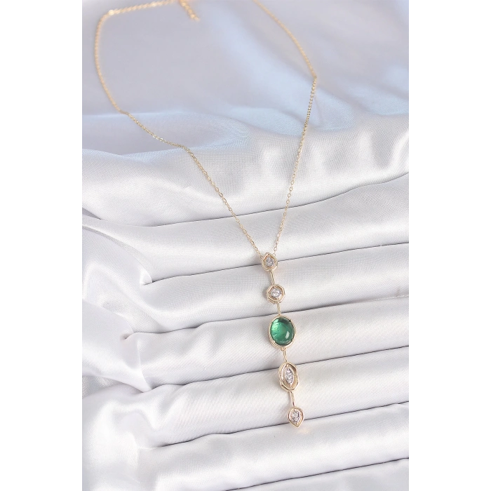Pirinç Zincir Zümrüt Yeşil Gold Renk Zirkon Taşlı Y Kolye - TJ-BKO10229
