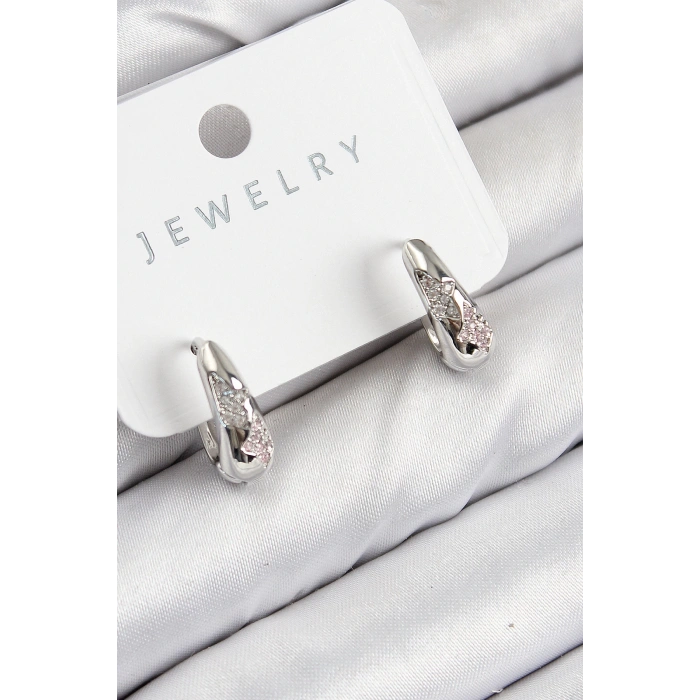 Pirinç Zirkon Taş Desenli Model Gümüş Renk Kadın Küpe - TJ-BKP11067