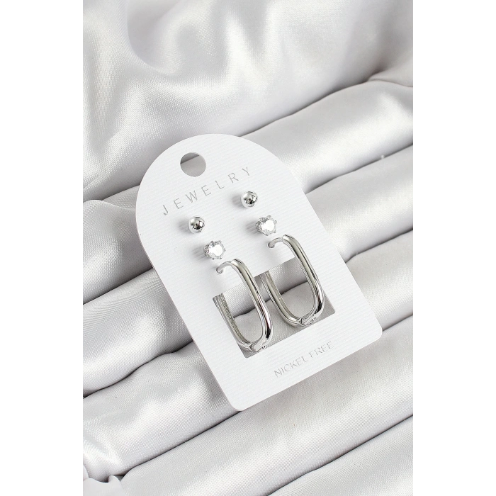 Pirinç Zirkon Taş Ve Dikdörtgen Figürlü Gümüş Renk 3lü Çift Kadın Küpe Set - TJ-BKP10645