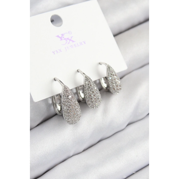 Pirinç Zirkon Taşlı 3lü Damla Model Gümüş Renk Kadın Küpe - TJ-BKP11125