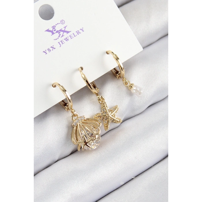 Pirinç Zirkon Taşlı 3lü İstiridye Ve Yıldız Model Gold Renk Kadın Küpe - TJ-BKP11136