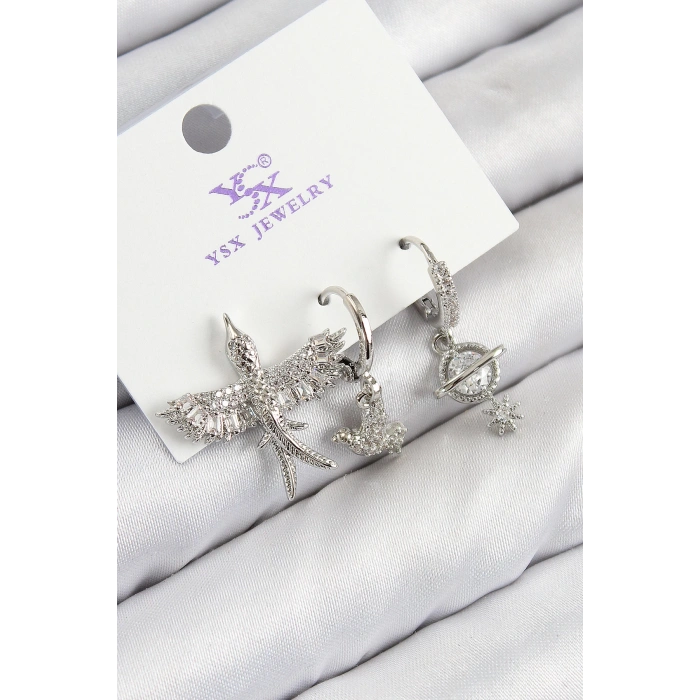 Pirinç Zirkon Taşlı 3lü Kuş Model Gümüş Renk Kadın Küpe - TJ-BKP11124