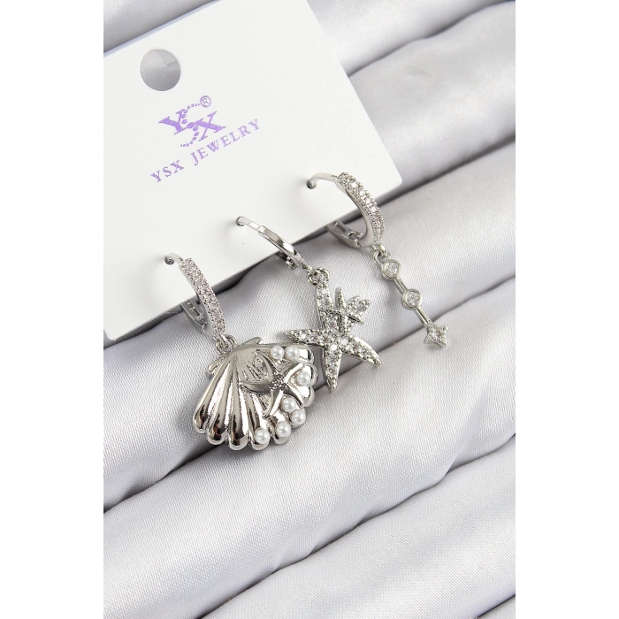 Pirinç Zirkon Taşlı 3lü Yıldız Ve İstiridye Model Gümüş Renk Kadın Küpe - TJ-BKP11131