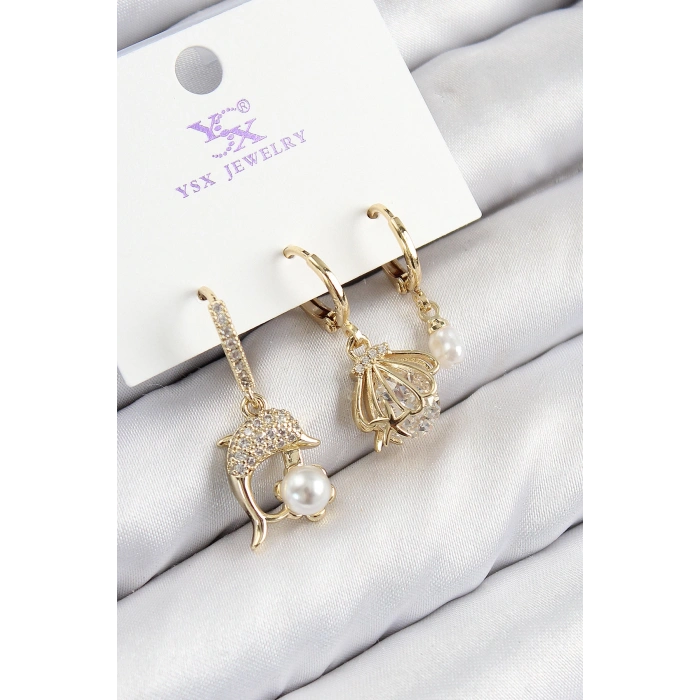 Pirinç Zirkon Taşlı 3lü Yunus Balığı Ve İstiridye Model Gold Renk Kadın Küpe - TJ-BKP11139