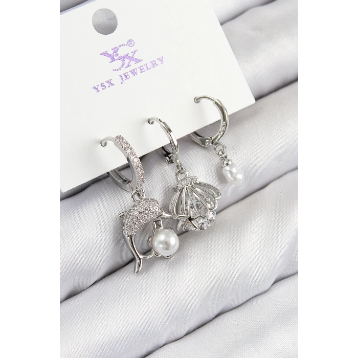 Pirinç Zirkon Taşlı 3lü Yunus Balığı Ve İstiridye Model Gümüş Renk Kadın Küpe - TJ-BKP11127