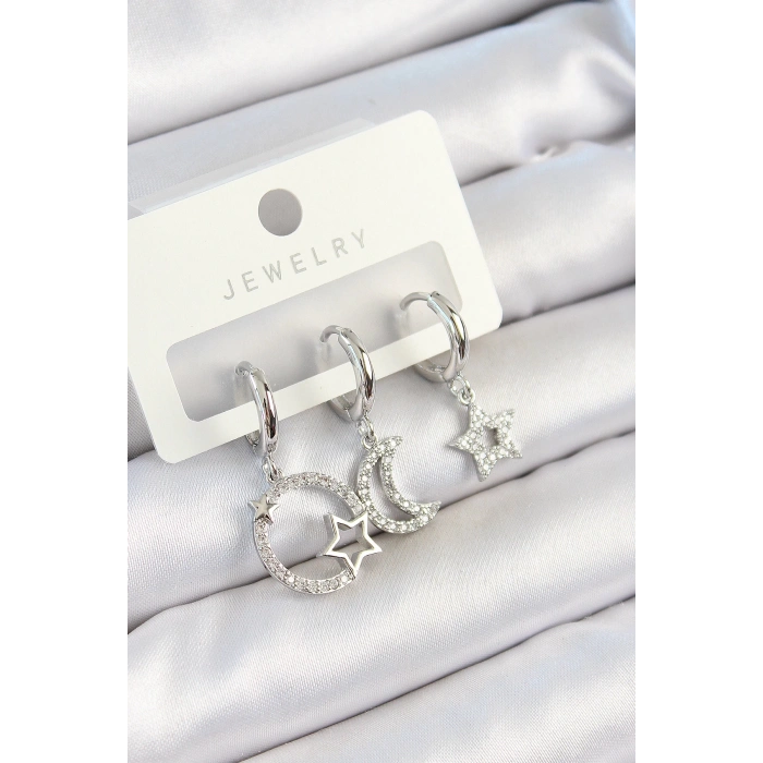 Pirinç Zirkon Taşlı Ay Ve Yıldız Model Gümüş Renk 3lü Çift Kadın Küpe Set - TJ-BKP10797