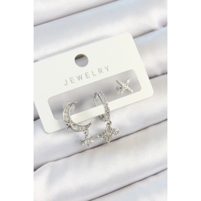 Pirinç Zirkon Taşlı Çiçek Ve Ay Model Gümüş Renk 3lü Çift Kadın Küpe Set - TJ-BKP10804