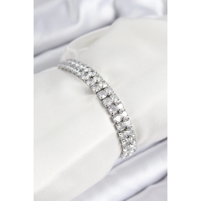 Pirinç Zirkon Taşlı Çift Sıra Kare Model Gümüş Renk Asansörlü Kadın Bileklik - TJ-BB7730