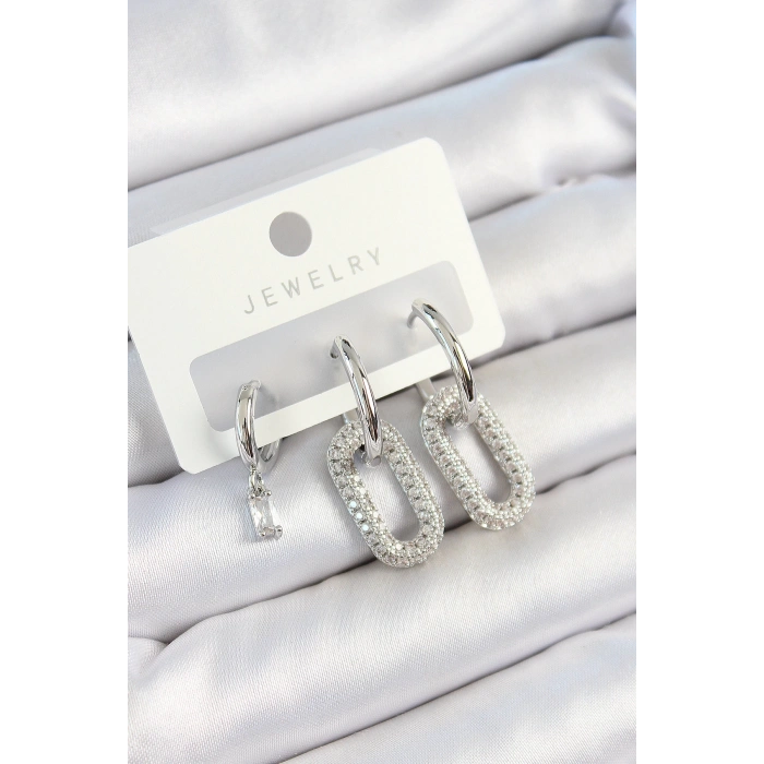 Pirinç Zirkon Taşlı Dikdörtgen Model Gümüş Renk 3lü Çift Kadın Küpe Set - TJ-BKP10796